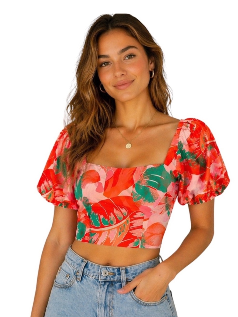 GB Gianni Bini Tropical Puff Sleeve Smocked Crop Top